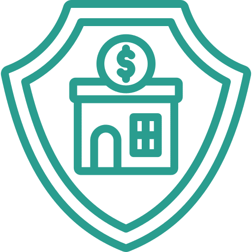 Shield icon with money and building symbol.