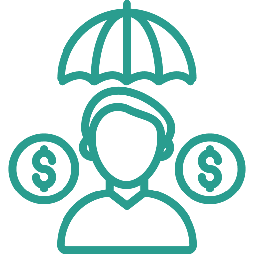 Person under umbrella with dollar signs.