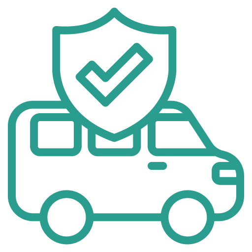Car with shield and checkmark icon.