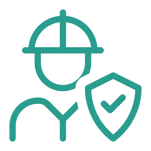 Worker icon with safety shield symbol.