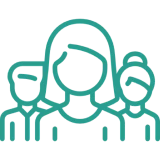 Group of three people icon, teal outline.