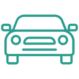 Car icon in teal on black background.