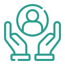 Hands holding person icon, teal outline.