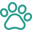 Teal paw print on black background.